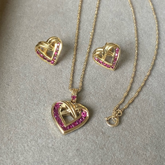 Classic Gold Over Sterling Ruby Heart jewelry set - Picture 8 of 11